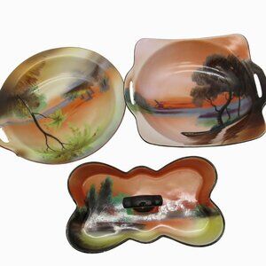 NORITAKE Sunset and Landscape Scene Dishes and Bowls Set of 3 Japan Vintage